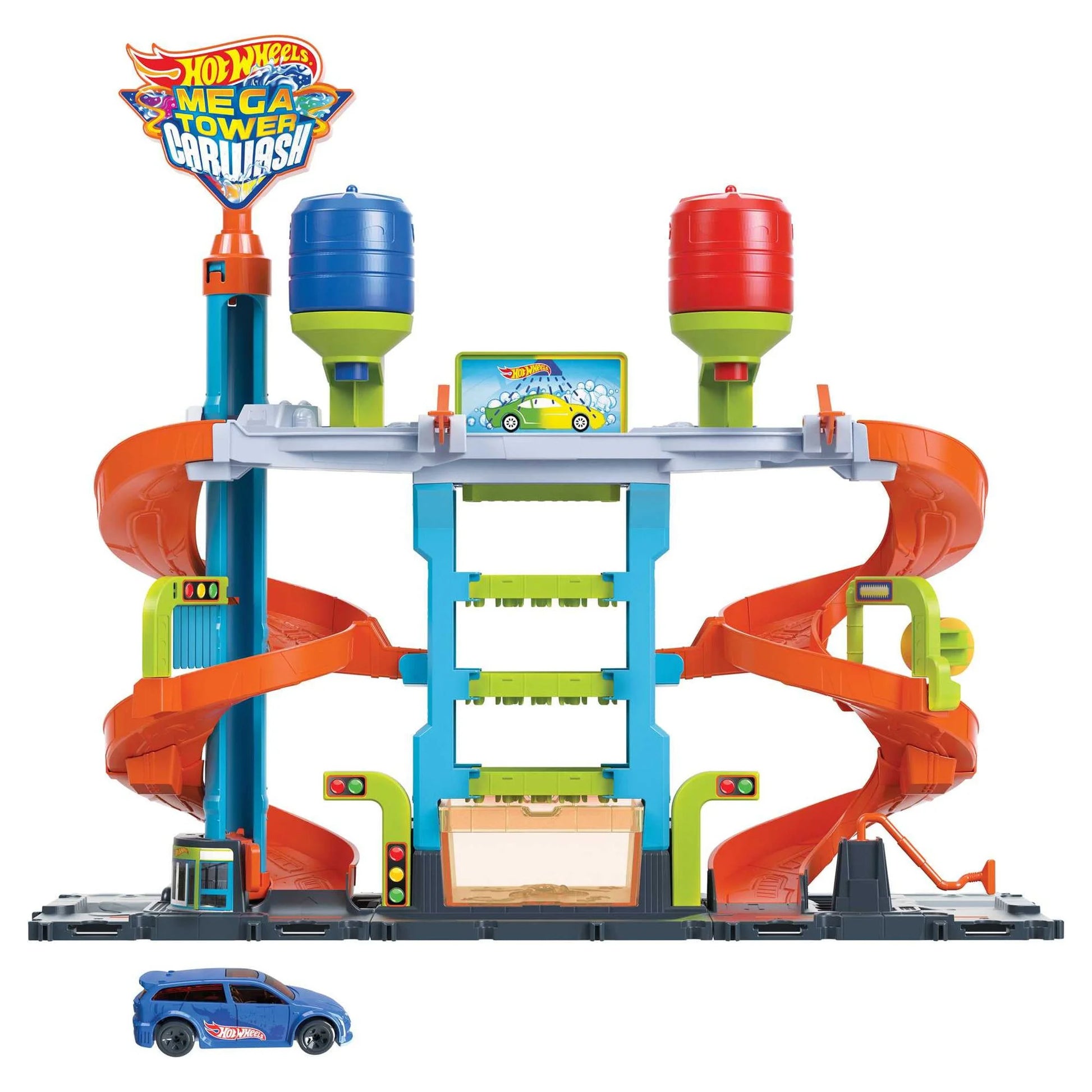 City Mega Car Wash Playset with 1 Toy Color Shifters Car in 1:64 Scale, 7.01 In