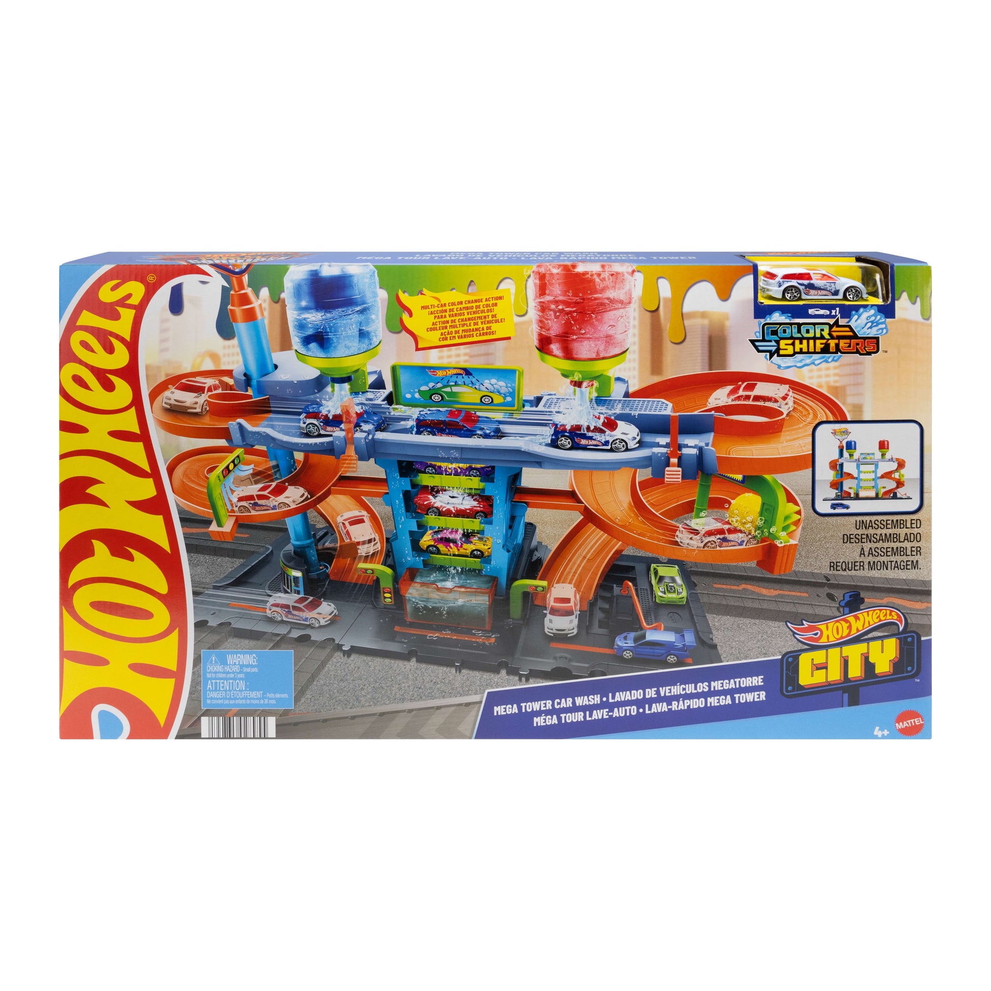 City Mega Car Wash Playset with 1 Toy Color Shifters Car in 1:64 Scale, 7.01 In