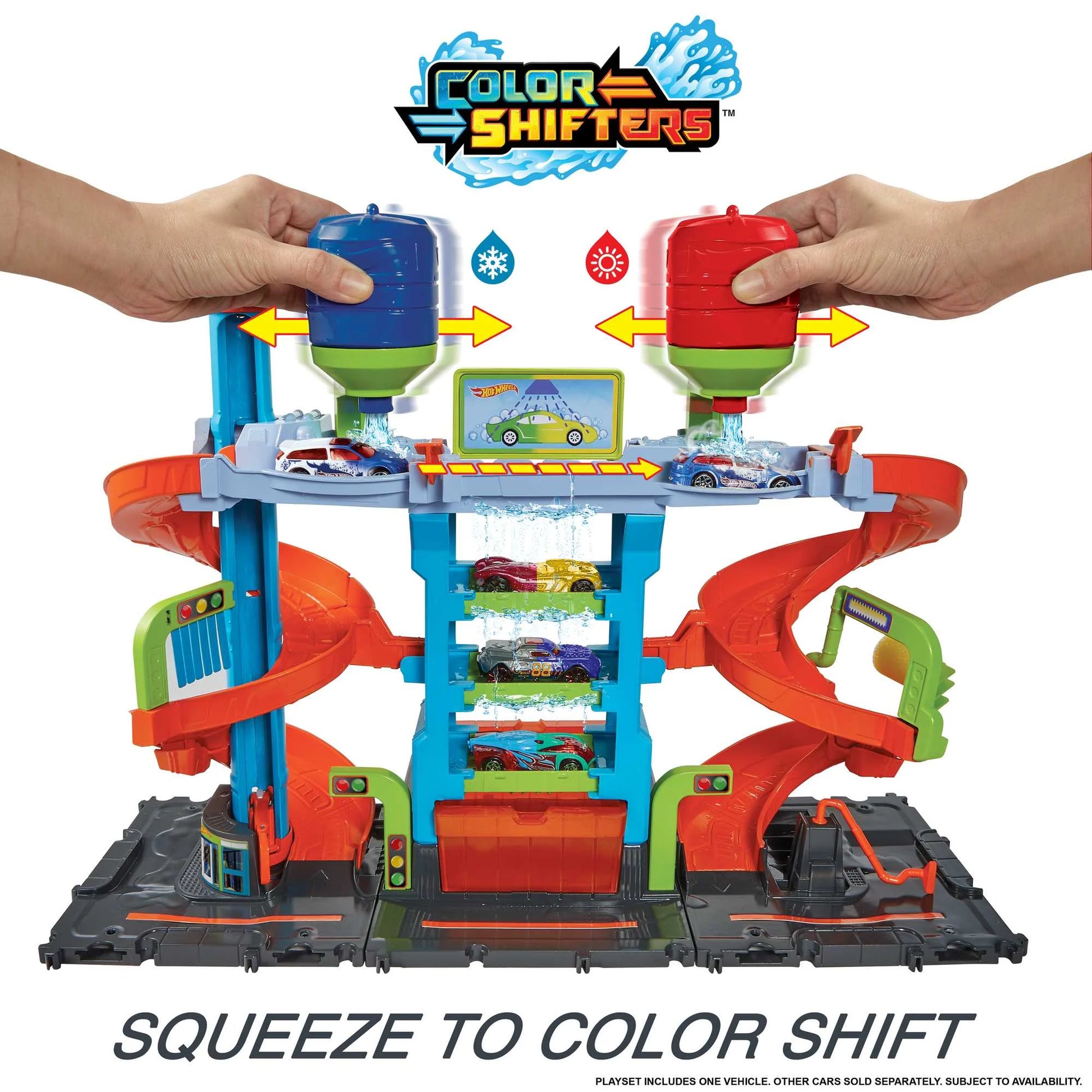 City Mega Car Wash Playset with 1 Toy Color Shifters Car in 1:64 Scale, 7.01 In